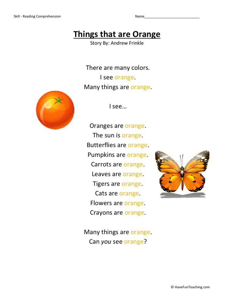 Reading Comprehension Worksheet - Things That Are Orange