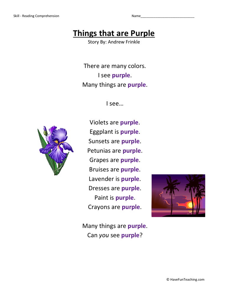 Reading Comprehension Worksheet - Things That Are Purple
