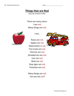 Reading Comprehension Worksheet - Things That Are Red