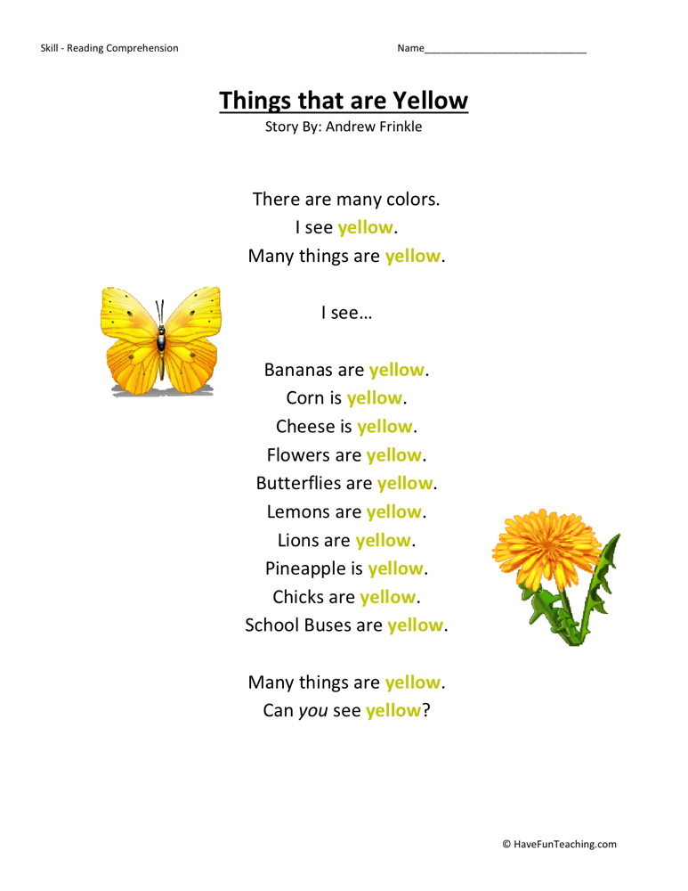 Reading Comprehension Worksheet - Things That Are Yellow