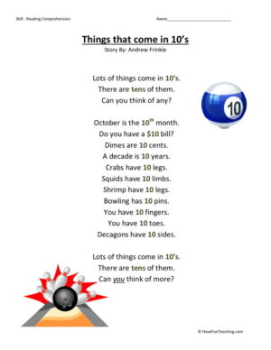 Reading Comprehension Worksheet - Things That Come in 10s