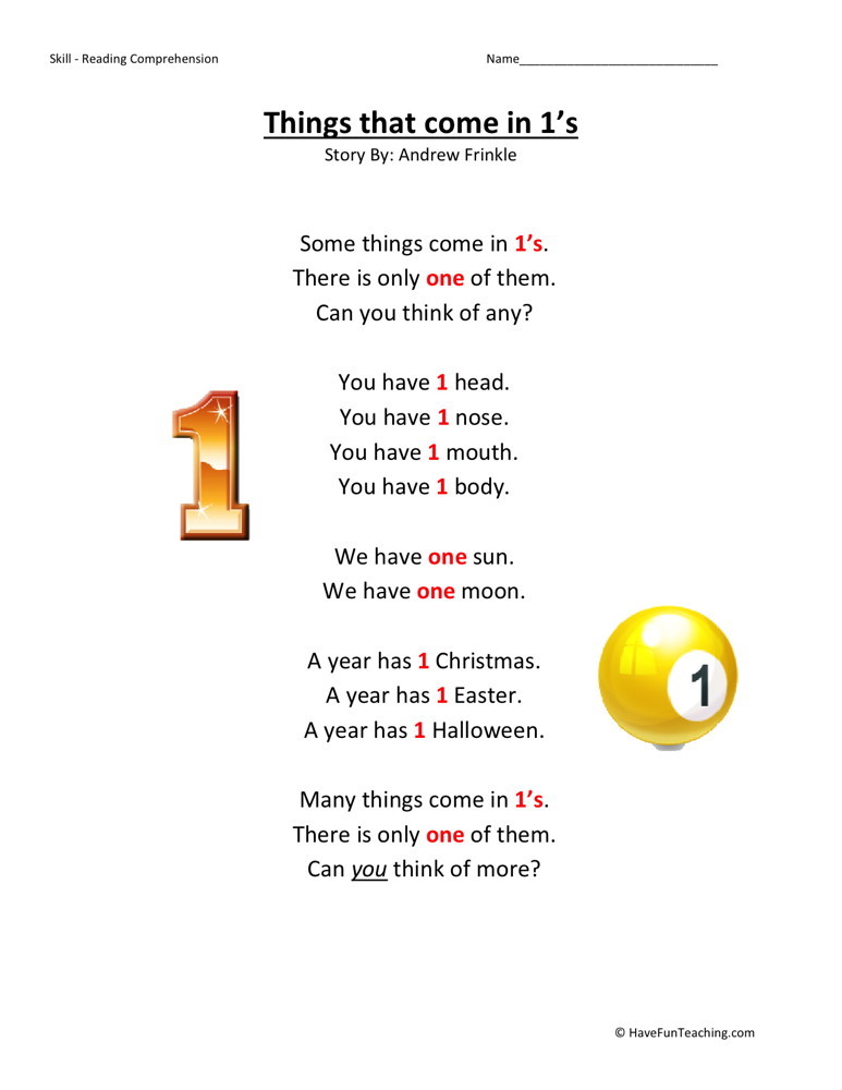 Reading Comprehension Worksheet - Things That Come in 1s