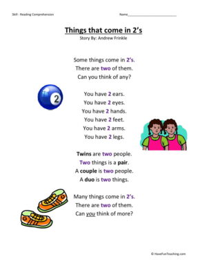 Reading Comprehension Worksheet - Things That Come in 2s