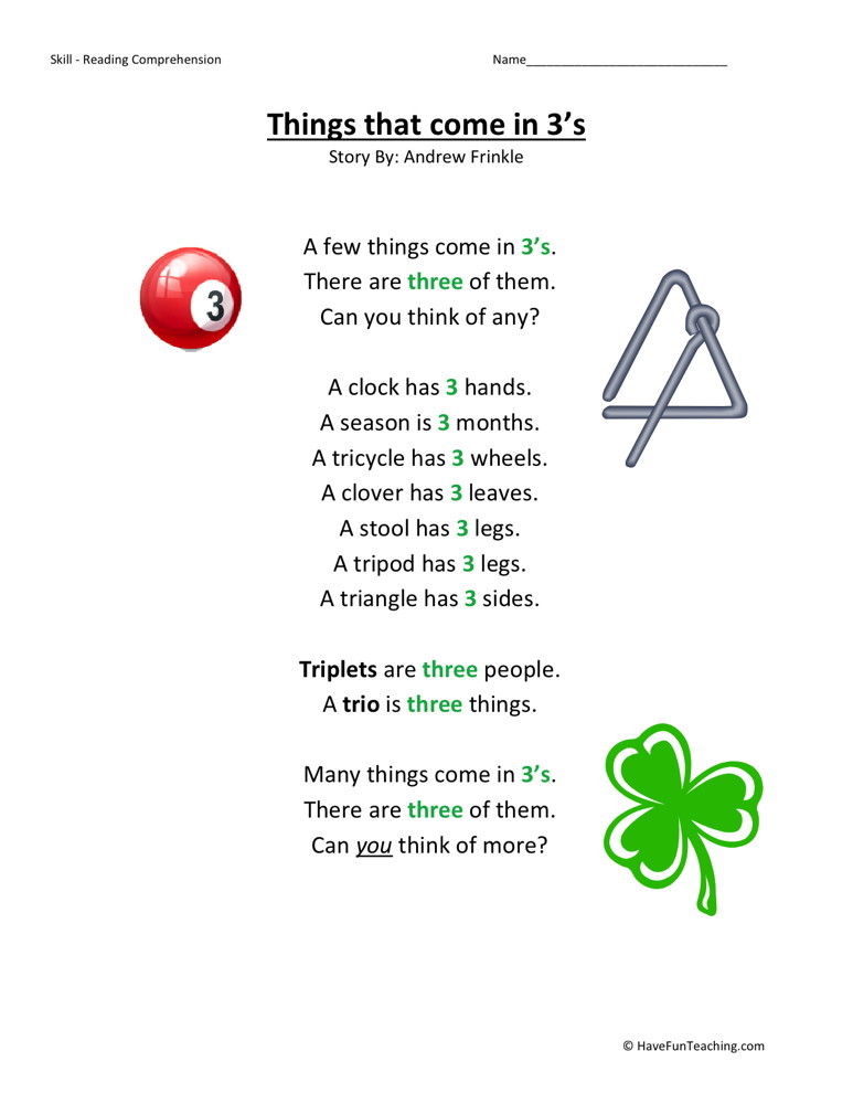Reading Comprehension Worksheet - Things That Come in 3s
