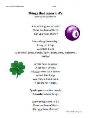 Reading Comprehension Worksheet - Things That Come in 4s