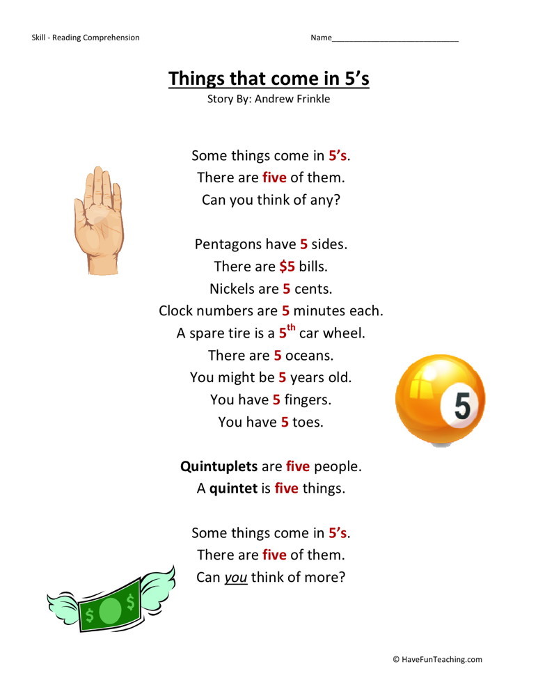 Reading Comprehension Worksheet - Things That Come in 5s