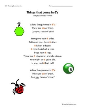 Reading Comprehension Worksheet - Things That Come in 6s