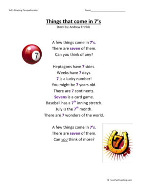 Reading Comprehension Worksheet - Things That Come in 7s