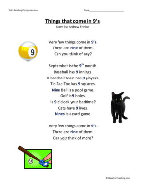 Reading Comprehension Worksheet - Things That Come in 9s