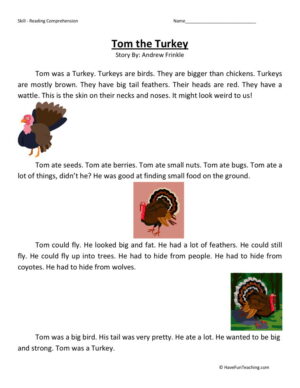 Reading Comprehension Worksheet - Tom the Turkey