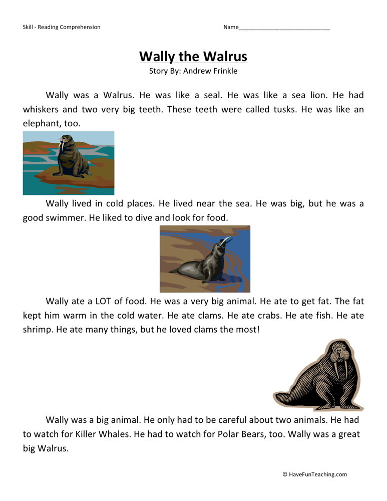 Reading Comprehension Worksheet - Wally the Walrus