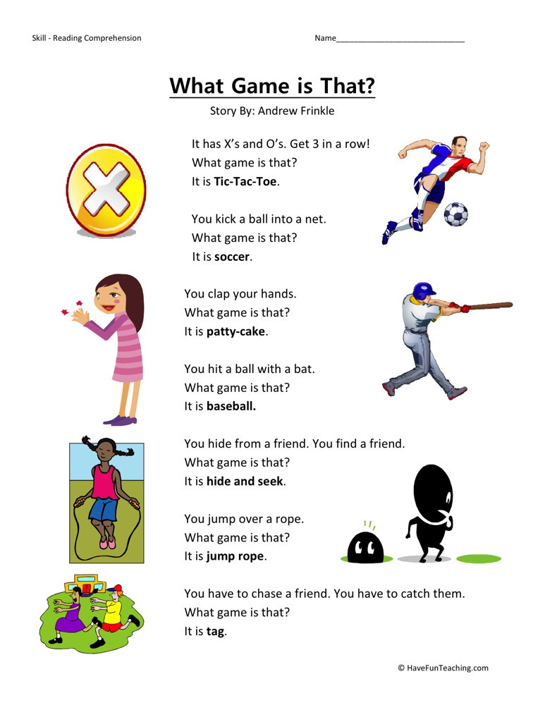 free what game is that kindergarten reading comprehension worksheet - Free Reading Games For Kindergarten