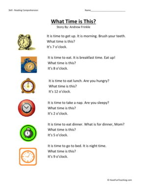 Reading Comprehension Worksheet - What Time is This?