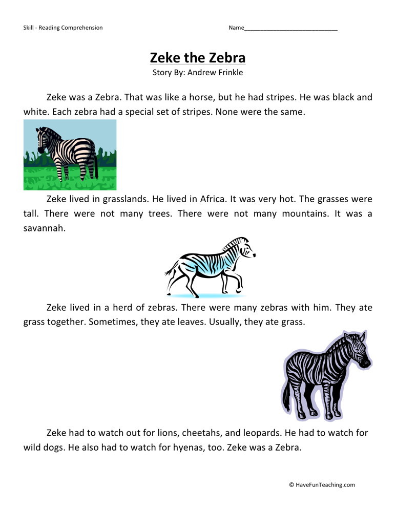 Reading Comprehension Worksheet - Zeke the Zebra