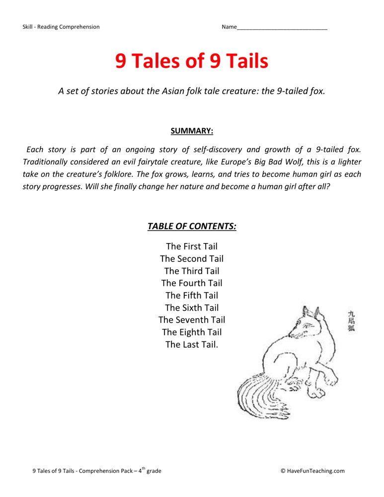 Reading Comprehension Worksheet - 9 Tales of 9 Tails Collection