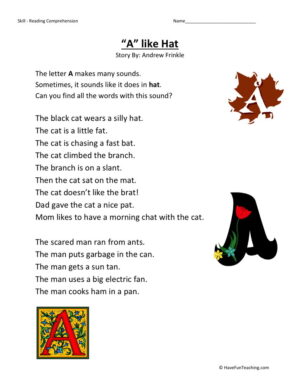 Reading Comprehension Worksheet - A Like Hat