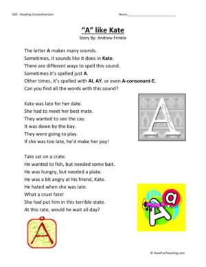 Reading Comprehension Worksheet - A Like Kate