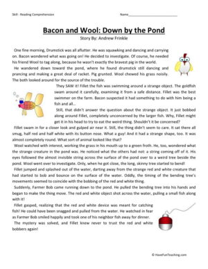 Reading Comprehension Worksheet - Bacon and Wool: Down by the Pond