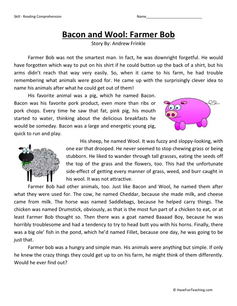 Reading Comprehension Worksheet - Bacon and Wool: Farmer Bob