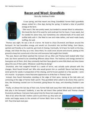 Reading Comprehension Worksheet - Bacon and Wool: Grandkids