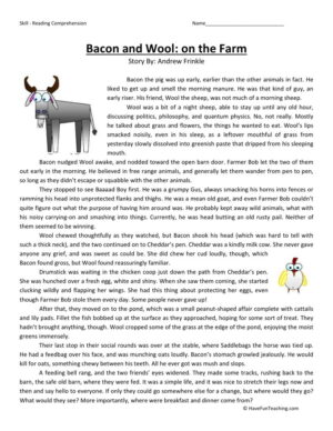 Reading Comprehension Worksheet - Bacon and Wool: On the Farm