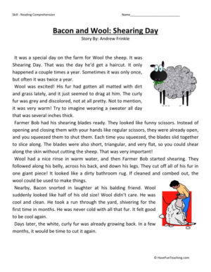 Reading Comprehension Worksheet - Bacon and Wool: Shearing Day