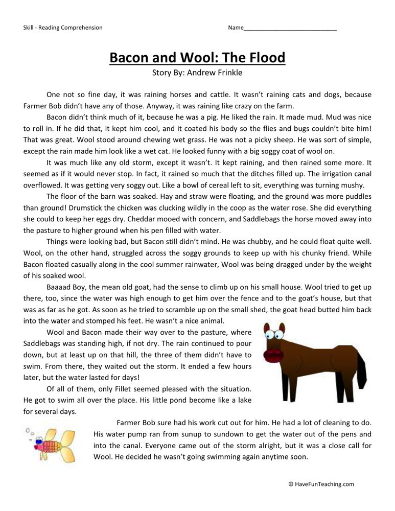 Reading Comprehension Worksheet - Bacon and Wool: The Flood
