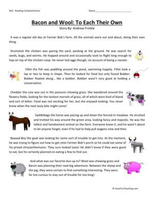 Reading Comprehension Worksheet - Bacon and Wool: To Each Their Own