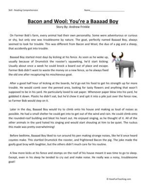 Reading Comprehension Worksheet - Bacon and Wool: You're a Baaaad Boy!
