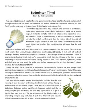Reading Comprehension Worksheet - Badminton Time