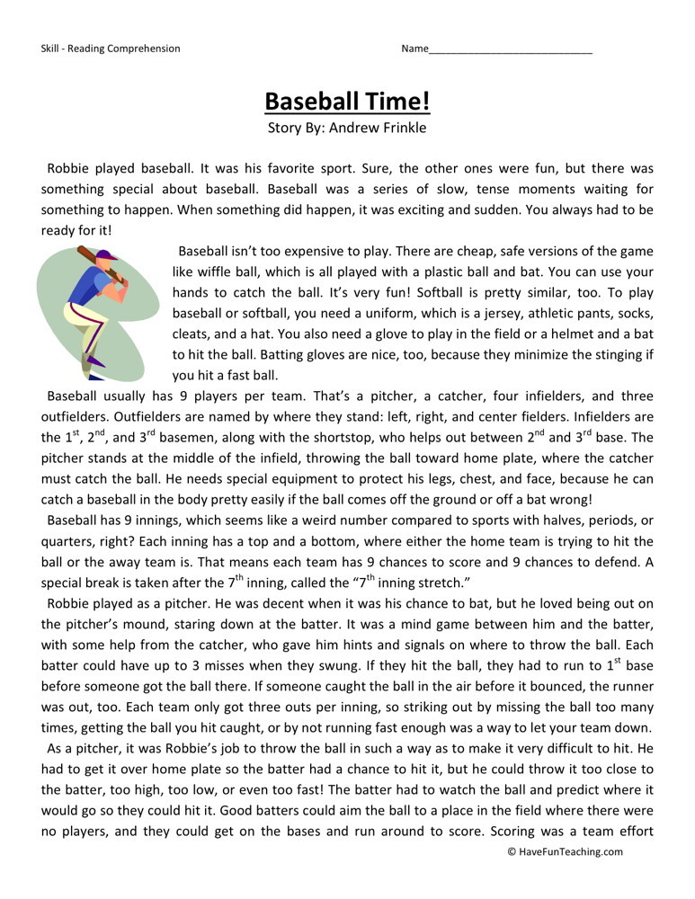 Reading Comprehension Worksheet - Baseball Time