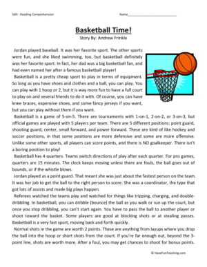 Reading Comprehension Worksheet - Basketball Time