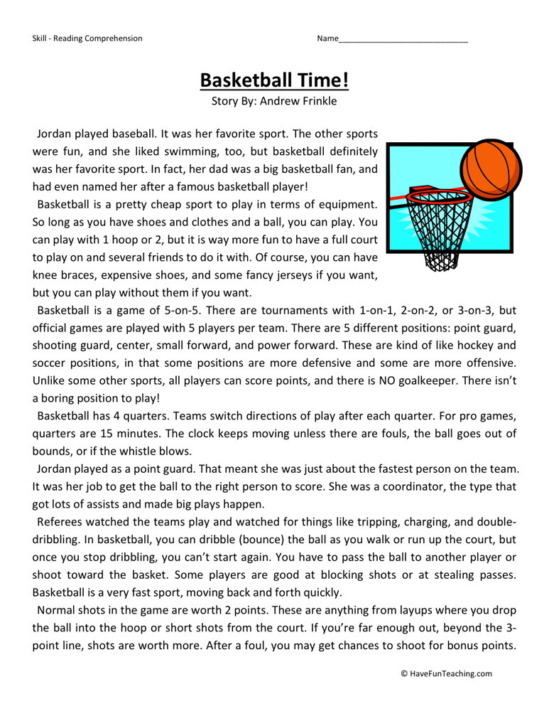 Reading Comprehension Worksheet Basketball Time