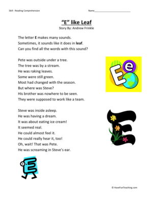 Reading Comprehension Worksheet - E Like Leaf