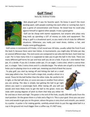 Reading Comprehension Worksheet - Golf Time