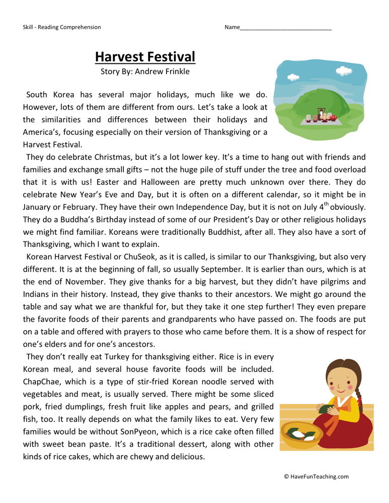 Reading Comprehension Worksheet - Harvest Festival