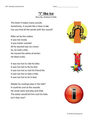 Reading Comprehension Worksheet - I Like Ice