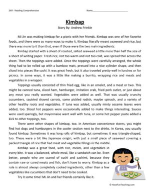 Reading Comprehension Worksheet - Kimbap