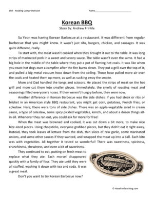 Reading Comprehension Worksheet - Korean BBQ