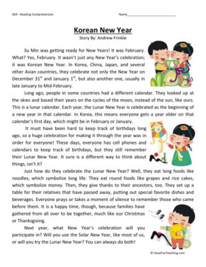 Reading Comprehension Worksheet - Korean New Year