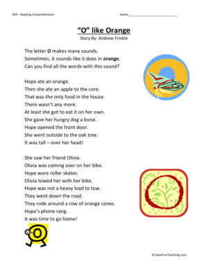 Reading Comprehension Worksheet - O Like Orange