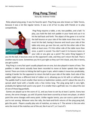 Reading Comprehension Worksheet - Ping Pong Time