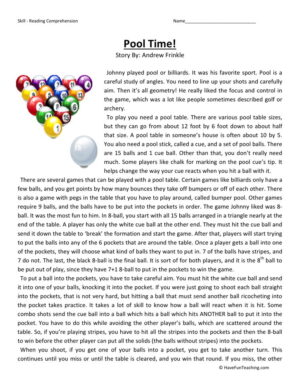 Reading Comprehension Worksheet - Pool Time