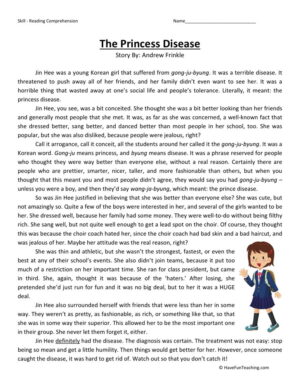 Reading Comprehension Worksheet - Princess Disease