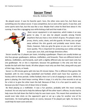 Reading Comprehension Worksheet - Soccer Time