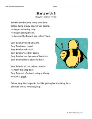 Reading Comprehension Worksheet - Starts With B