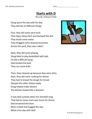 Reading Comprehension Worksheet - Starts With D