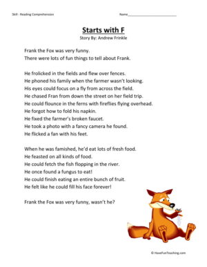Reading Comprehension Worksheet - Starts With F