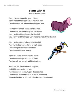 Reading Comprehension Worksheet - Starts With H