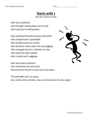 Reading Comprehension Worksheet - Starts With J